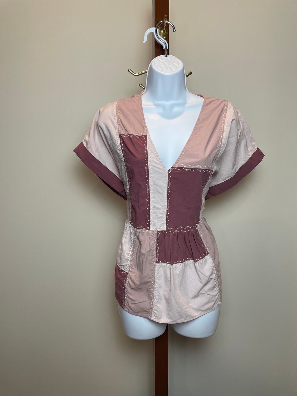 Madewell Signature Poplin Patchwork Peplum Top XL Warm Thistle Cotton